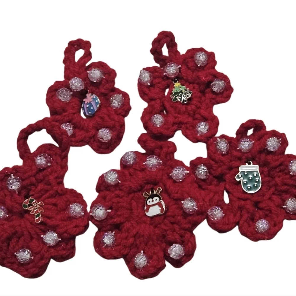 Hand Crafted Upcycled Chritsmas Ornaments Hand Crochet red beaded floral pattern